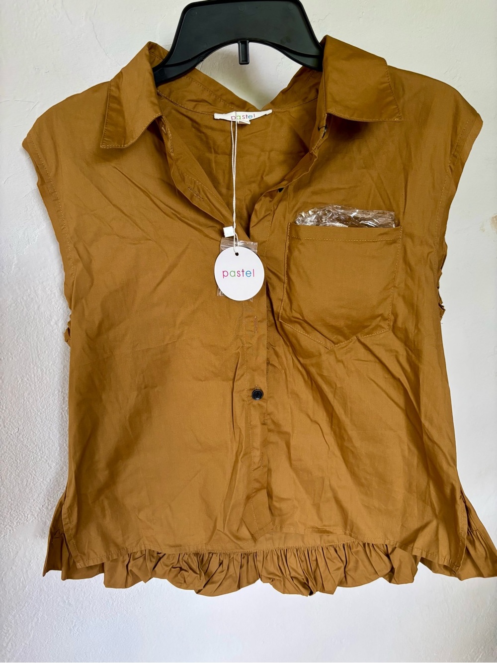 Pastels Clothing Mustard Brown Ruffle-Hem Sleeveless Button Front Top
